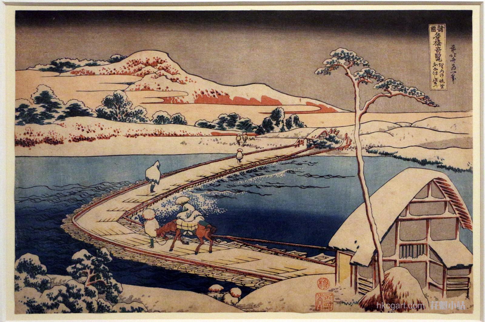 Katsushika hokusai, il ponte di barche a sano, nella provincia di kosuke (serie vedute eccezionali di ponti da tutte le procince), 1827-1830 ca.jpg
