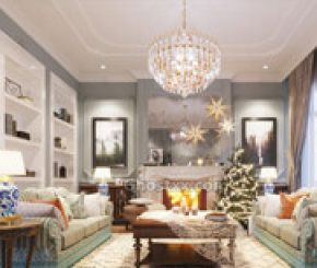 客厅起居室场景模型，沙发，圆桌，茶几，水晶吊灯，圣诞树，台灯，书柜，油画，壁炉等模型都包括在内，max格式