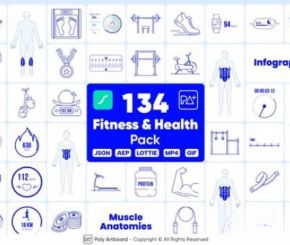 AE模板+矢量动图+视频素材-134组健康运动健身图标动画 Fitness And Health Lottie Pack